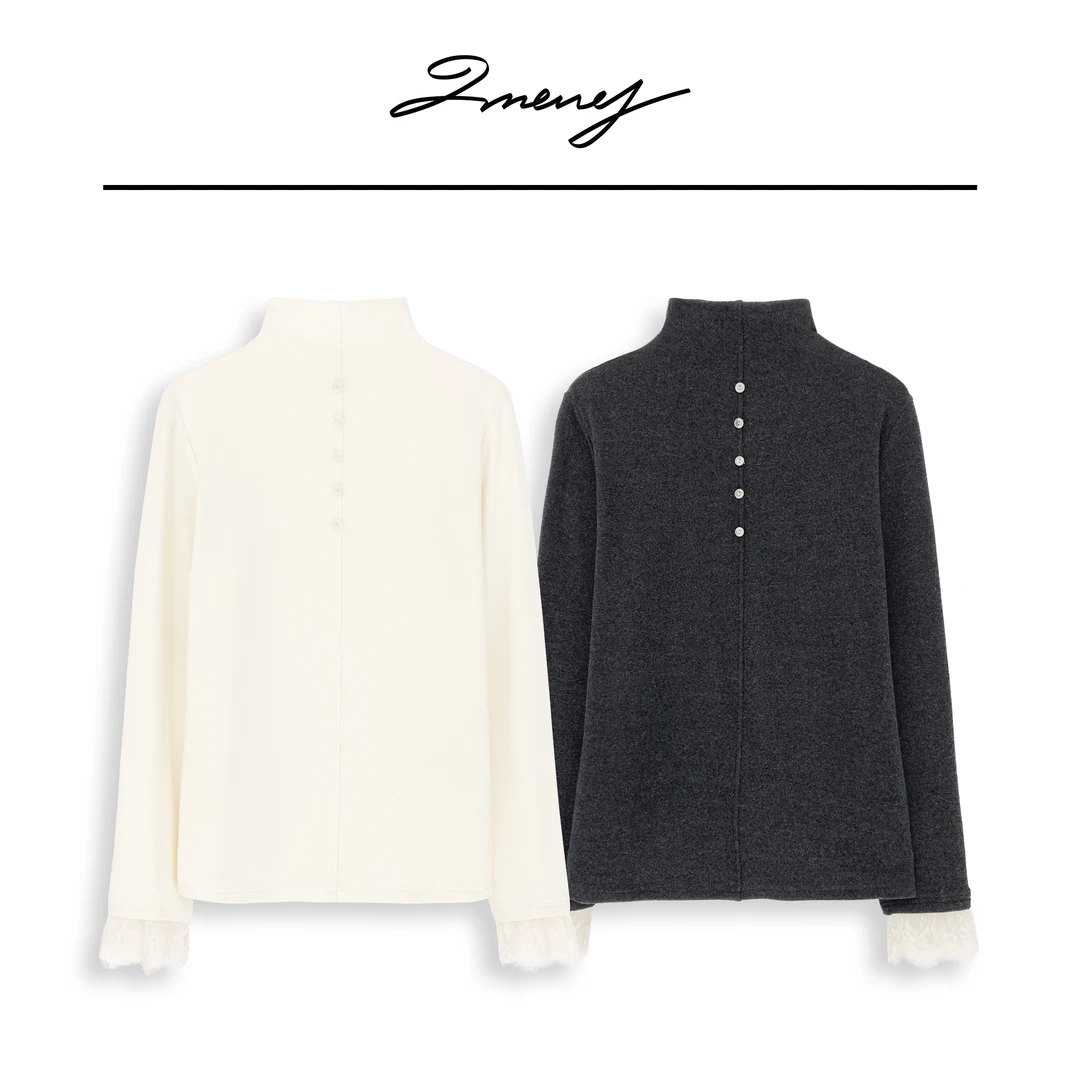 LMENY暖宝打底~半高领纽扣保暖加绒蕾丝袖口打底衫24DC013