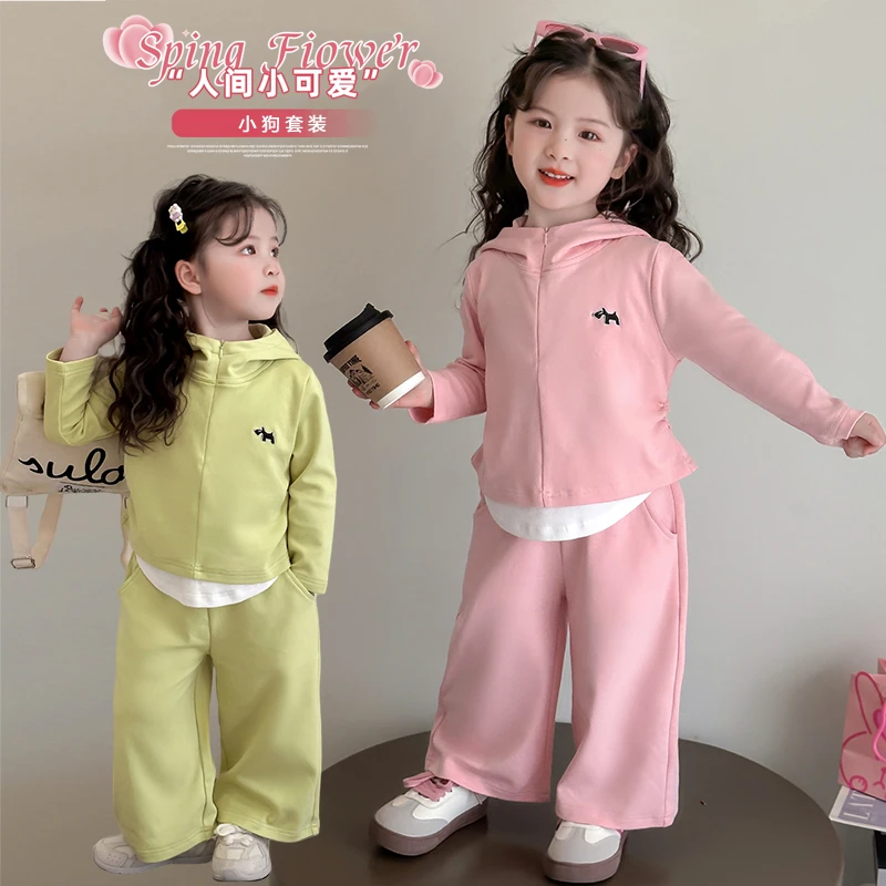 女童春季洋气假两件连帽上衣休闲直筒裤两件套2025春季新款女宝潮