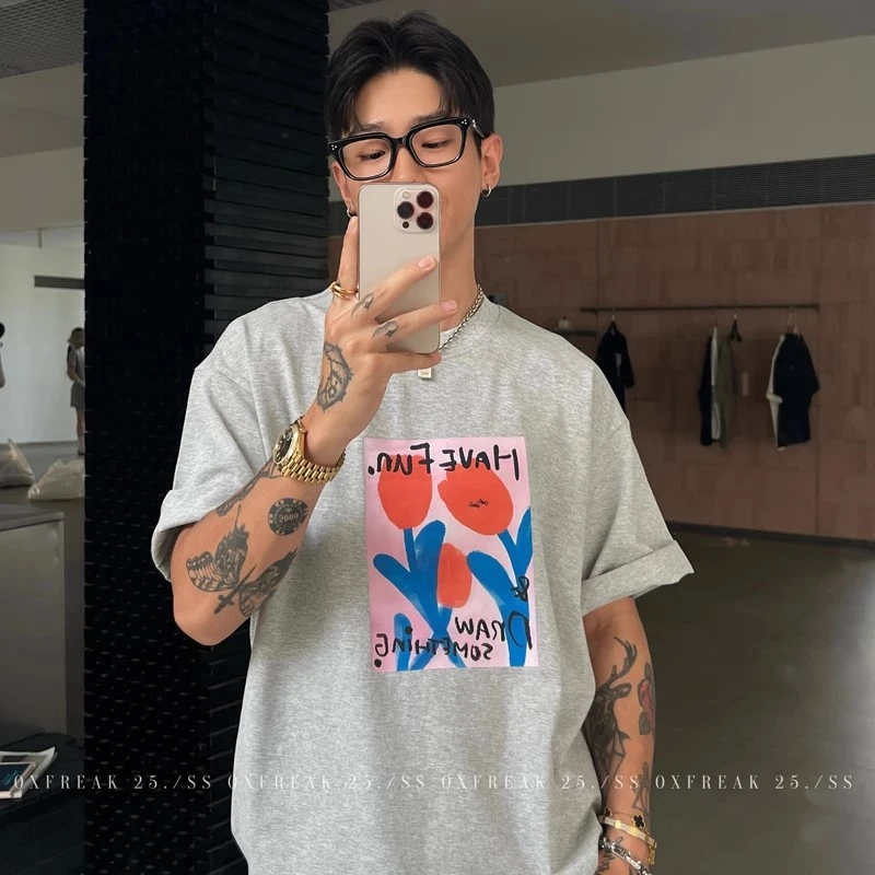 OXFREAK「油画涂鸦印花」300g纯棉重磅短袖t恤男设计感小众半截袖