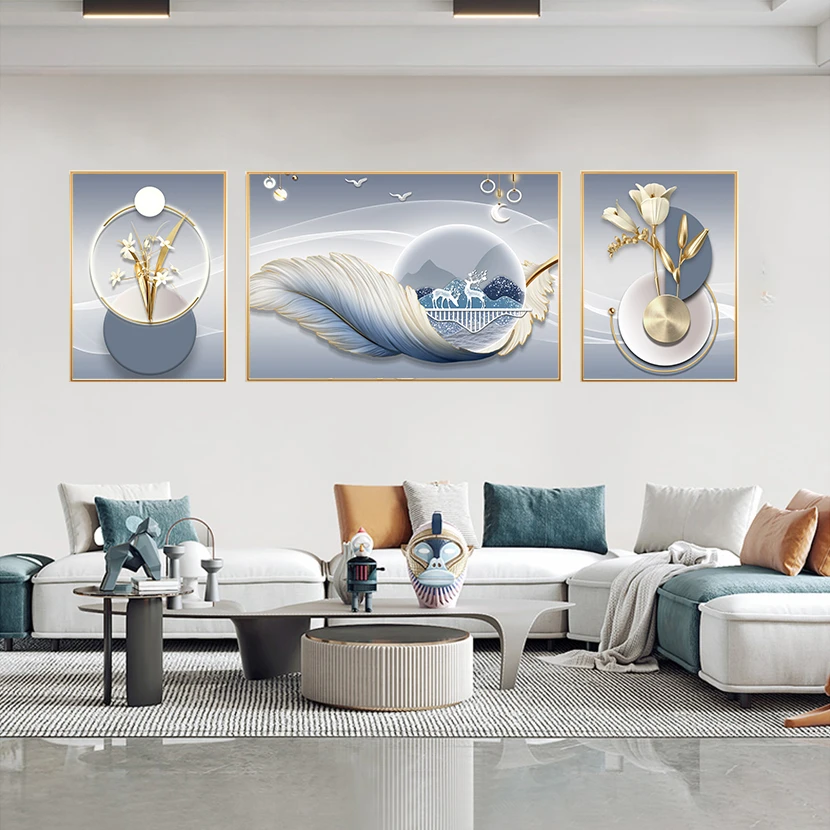 羽鹿呈祥轻奢简约装饰画客厅挂画沙发背景墙三联金色样板铝合金