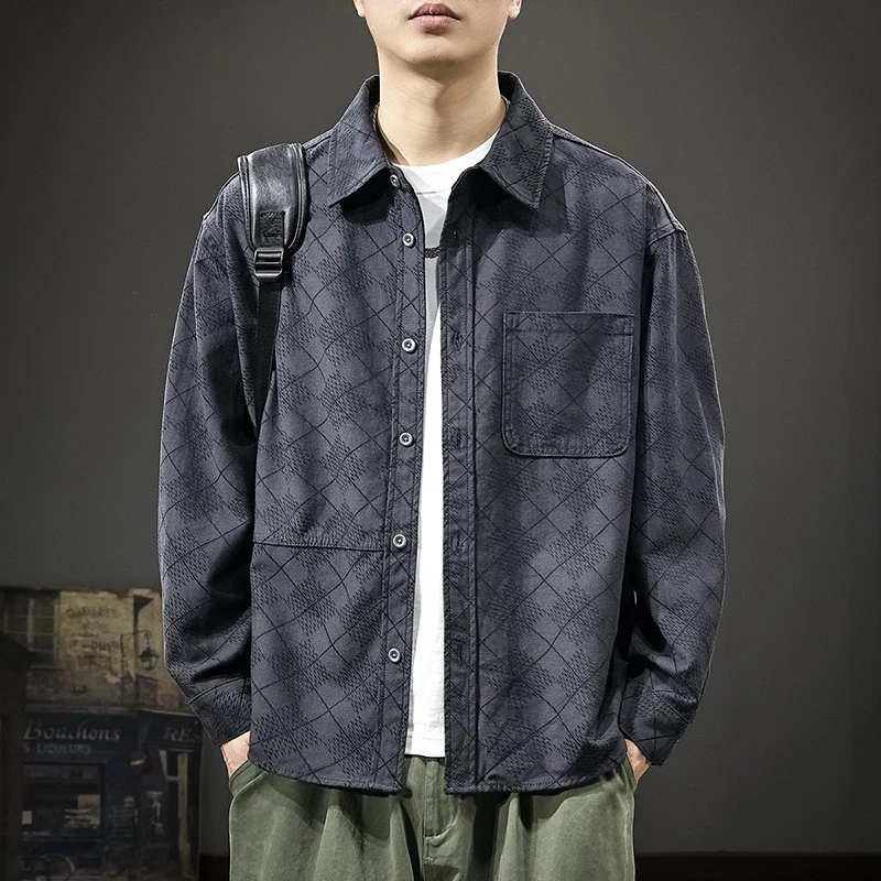 美式复古高级感莱赛尔格纹衬衫外套男秋季新款宽松休闲长袖衬衣潮