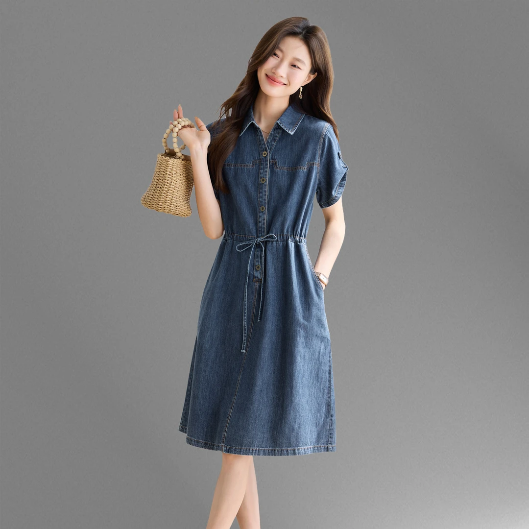 夏季薄款牛仔连衣裙女2025新款高端气质胖MM收腰显瘦大码休闲裙子