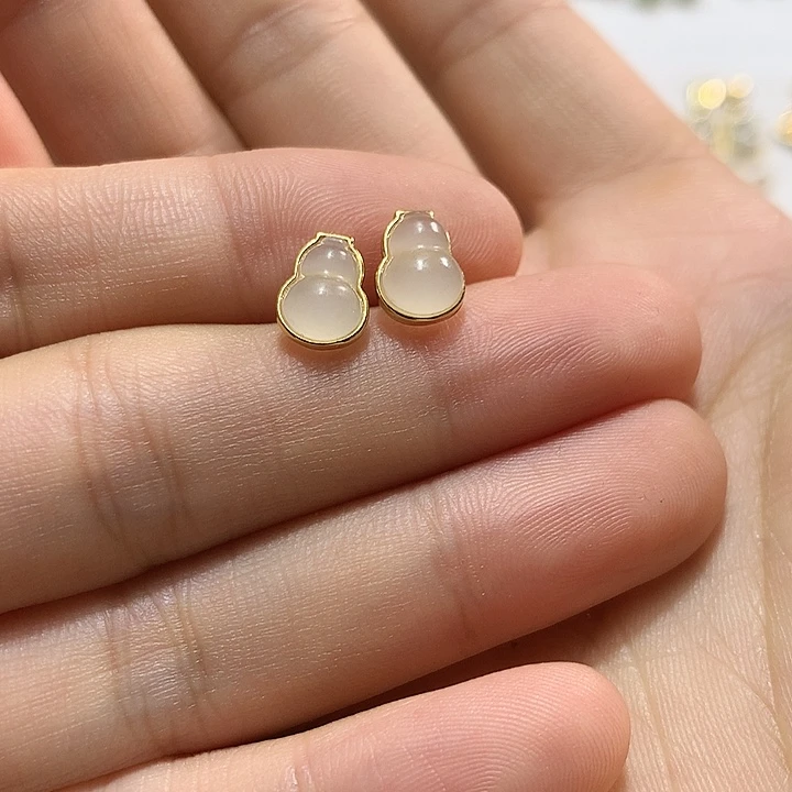 银S925镀金镶嵌和田玉（白玉）耳饰
