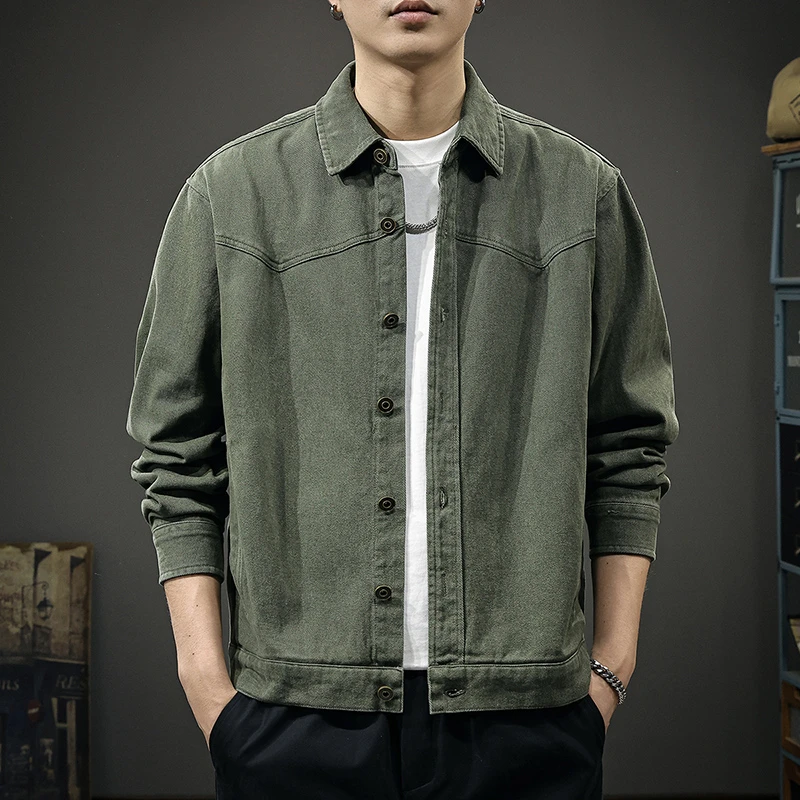 360g重磅纯棉斜纹水洗工装夹克男秋季新款宽松痞帅翻领休闲外套潮