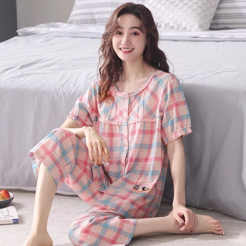 格子开衫短袖七分裤睡衣女士春夏季新款宽松大码家居服可外穿套装