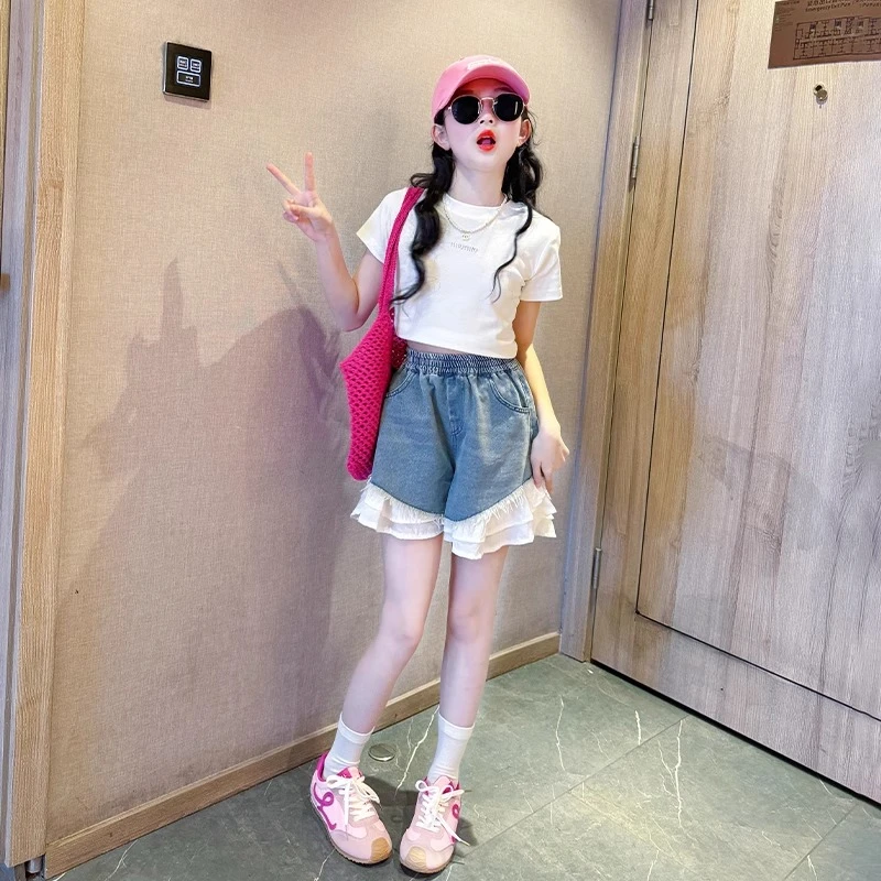 女童牛仔裙裤套装夏2025新款女大童夏装韩版洋气短袖儿童夏日穿搭