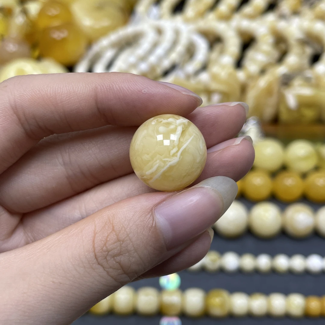 圆珠17.8mm.兰蜜珠宝天然原矿琥珀蜜蜡金瓷白虎皮溶洞