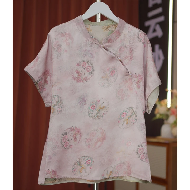 5229-团凤双面缂丝定制高级感老料双面穿女短袖T恤