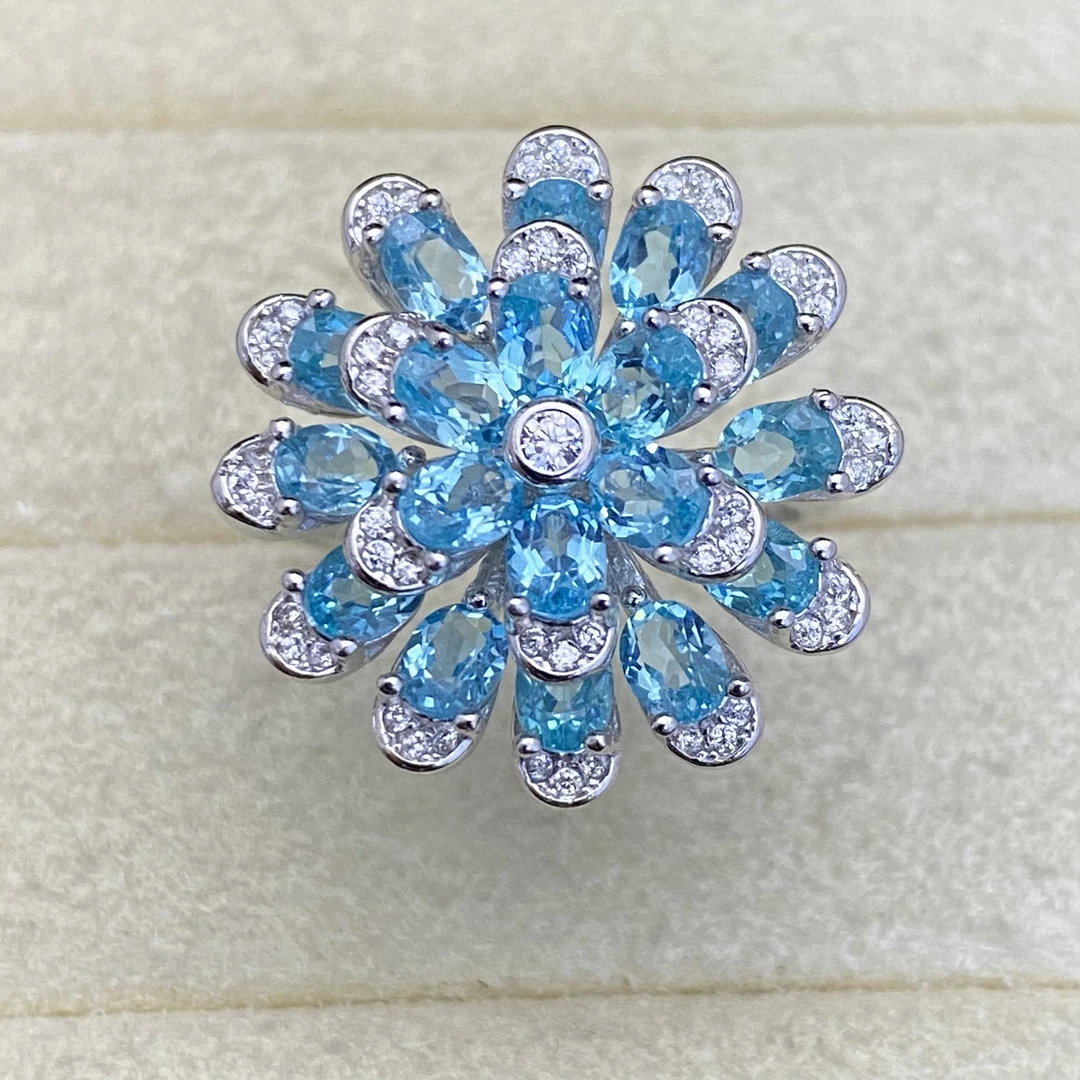 花朵戒指天然磷灰石戒指s925银精致满钻华丽高级时尚百搭女戒S