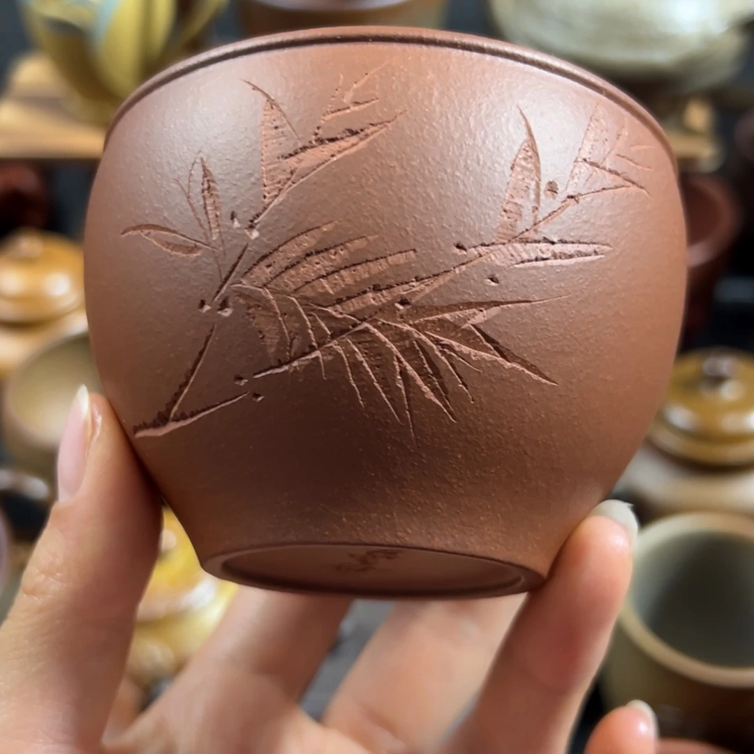 紫砂茶杯紫泥竹趣