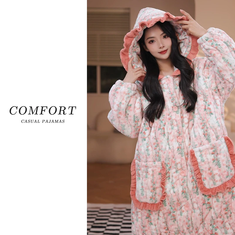 2025秋冬季新款加绒加厚珊瑚绒睡衣女三层夹棉保暖连帽睡衣家居服