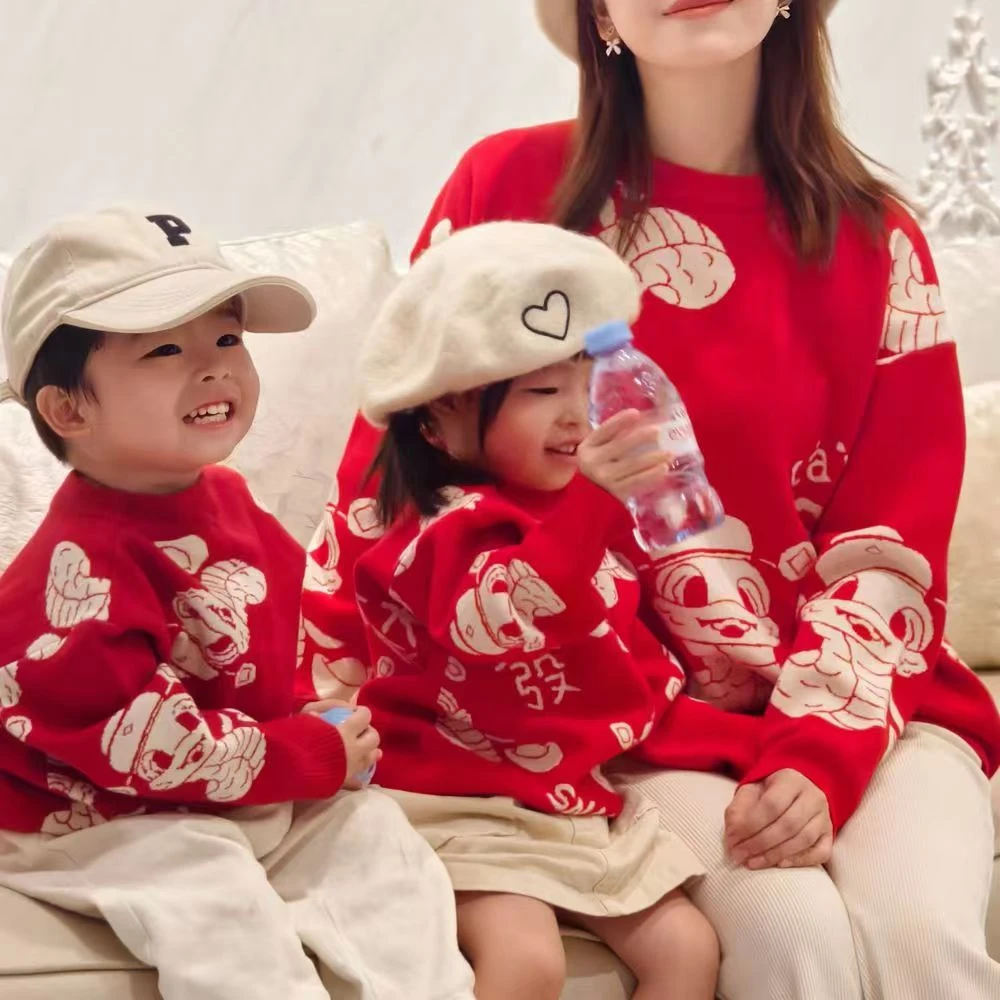 童装福字毛衣2025新款发财蛇年加绒男童长袖秋冬安哥拉红亲子拜年