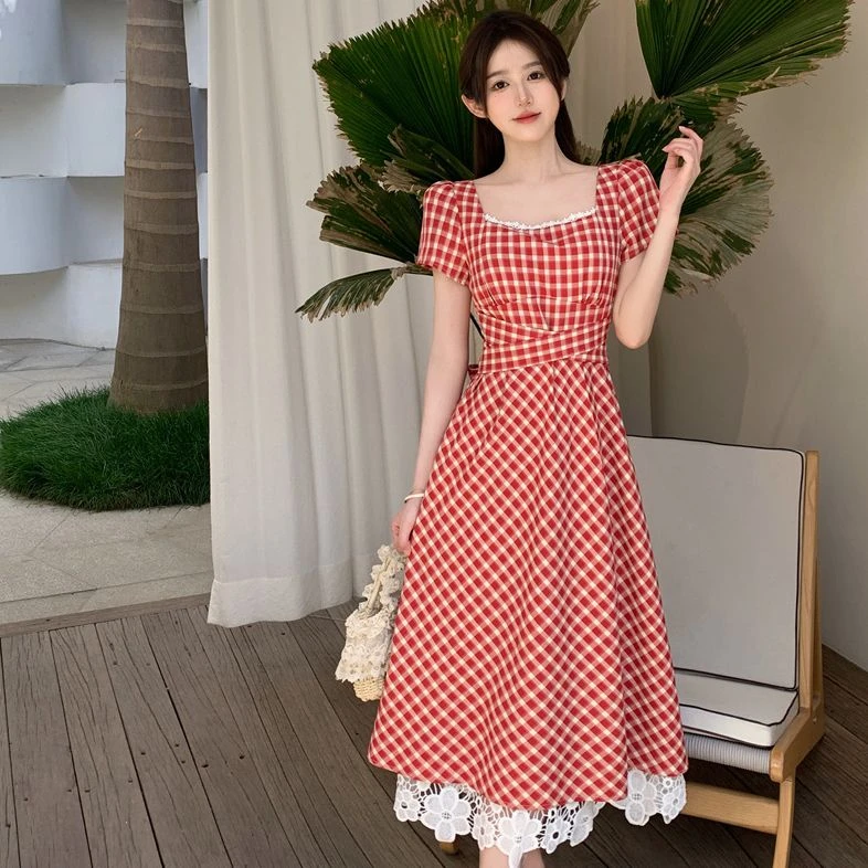 包包专属大码夏季新款甜美显白拼接桔梗法式连衣裙8653