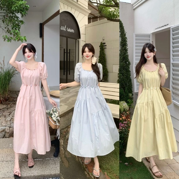 大码温柔风泡泡袖连衣裙女夏季设计感复古裙子胖mm收腰显瘦a字裙