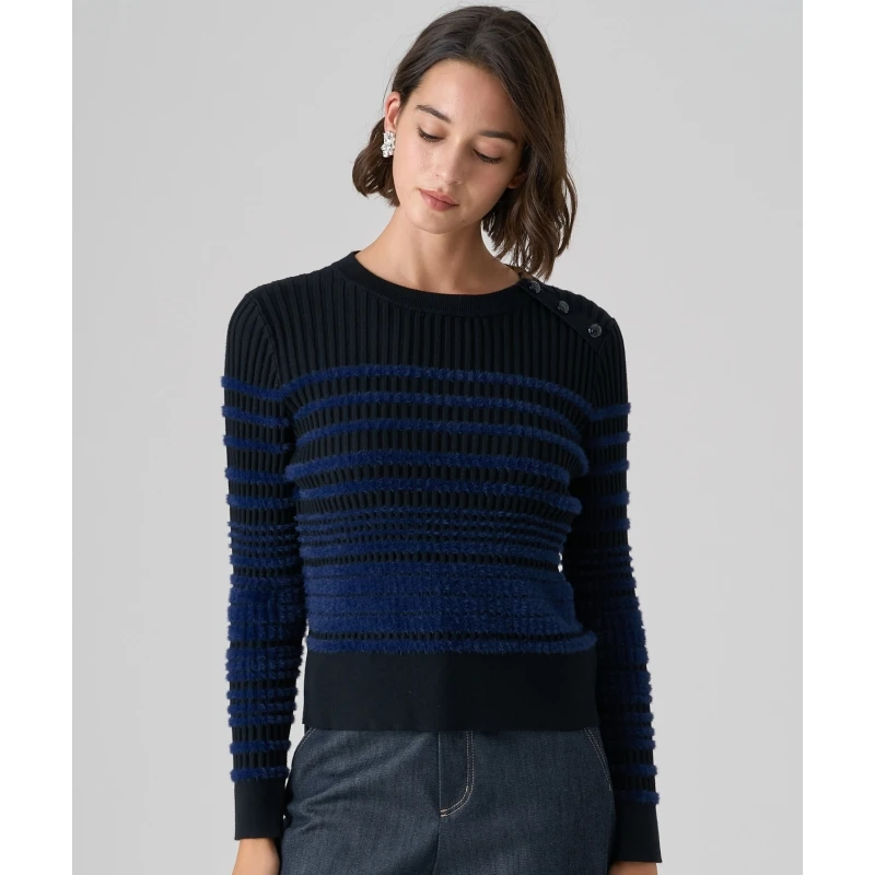 【DD外贸】 A 秋冬上新长袖针织衫 时尚圆领条纹休闲百搭套头短款