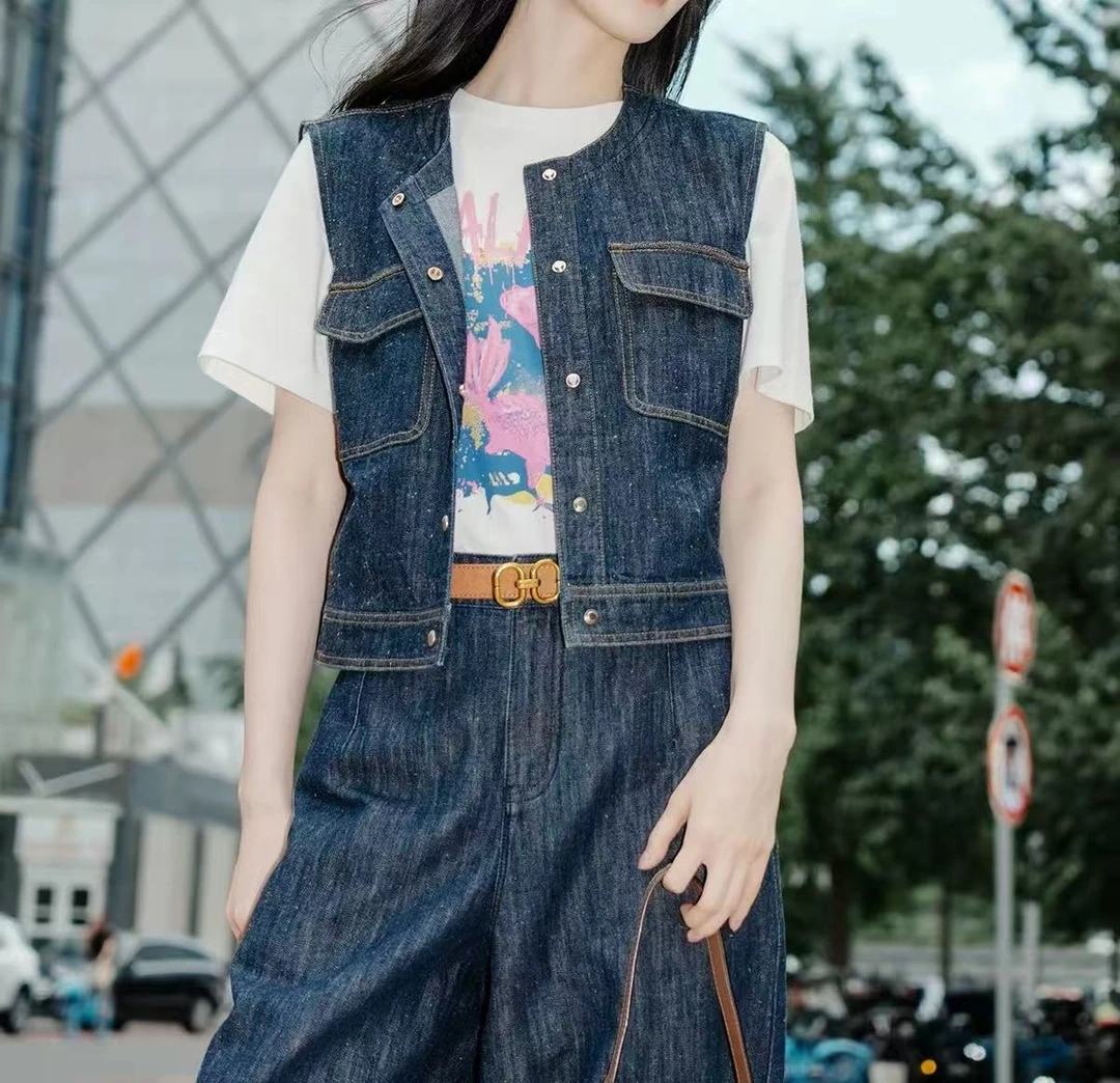 【雅】衣长50，2025早秋新款女装口袋棉牛仔背心马甲外套-8028