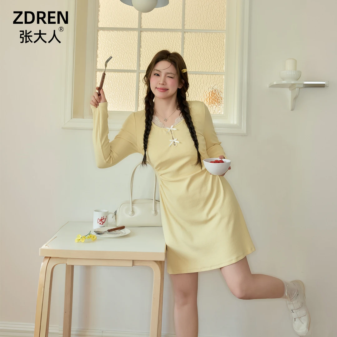 张大人【少女芭蕾】大码女装微胖妹妹开秋柠檬黄温柔韩系连衣裙