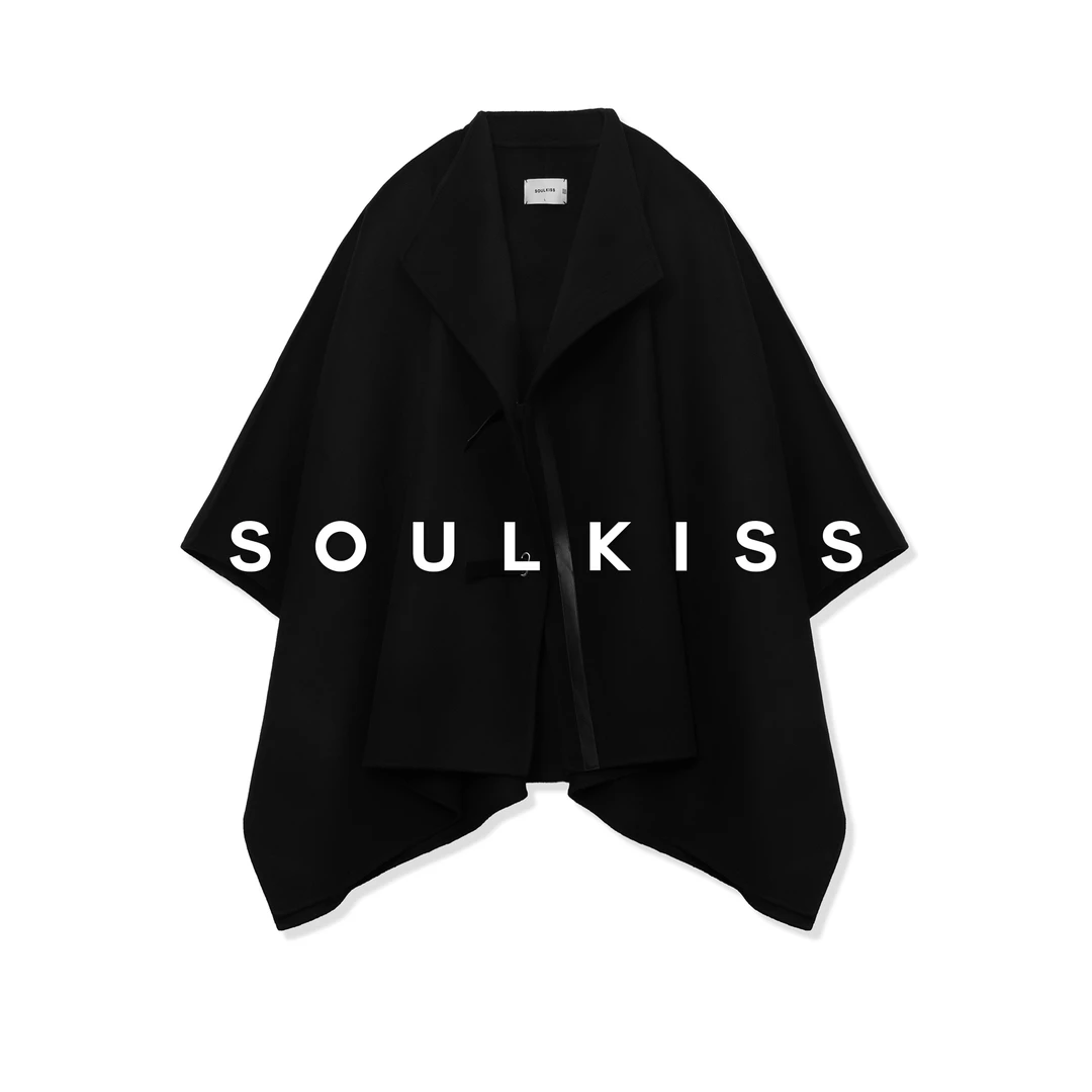 SOULKISS首发新品/限时7折 时髦B败拼皮丝绒斗篷大衣