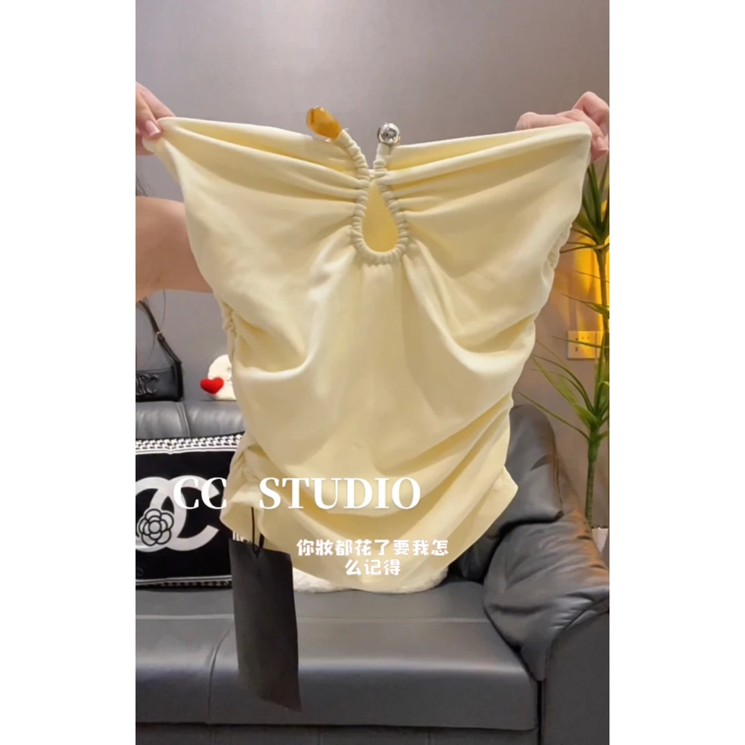 美式辣妹纯色抹胸背心女夏季新款镂空设计感百搭修身显瘦短款上衣