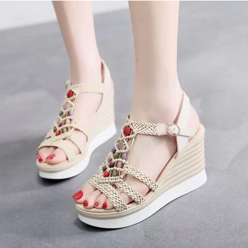 透气民族风胶粘夏季仙女风坡跟鞋露趾坡跟厚底百搭韩版仙女风