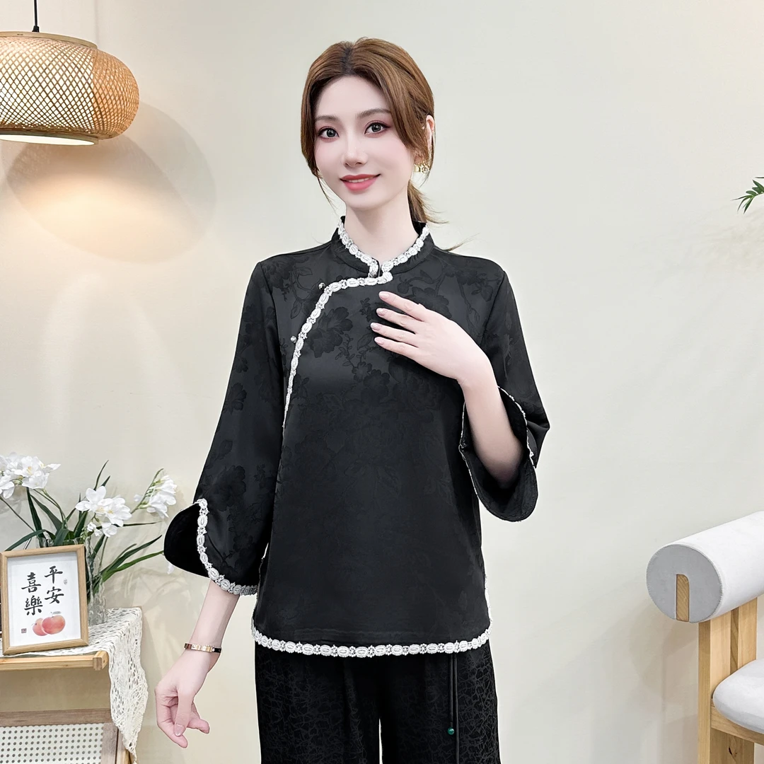 2025早春新款国风新中式立领斜襟提花宽松遮肚显瘦气质八分袖上衣