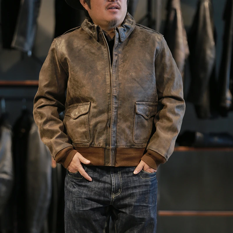 头层牛皮做旧复古A2短款小翻领休闲