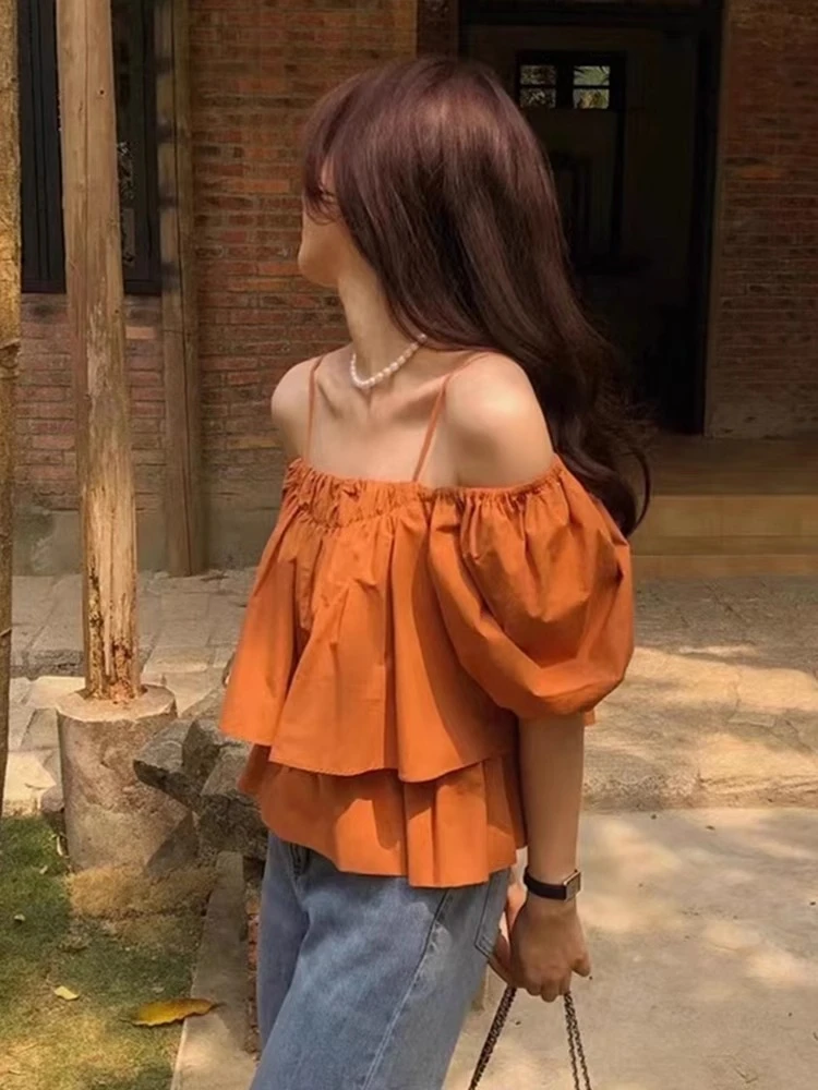 一字肩泡泡袖吊带娃娃衫上衣女夏季纯欲减龄衬衫宽松短袖露肩小衫