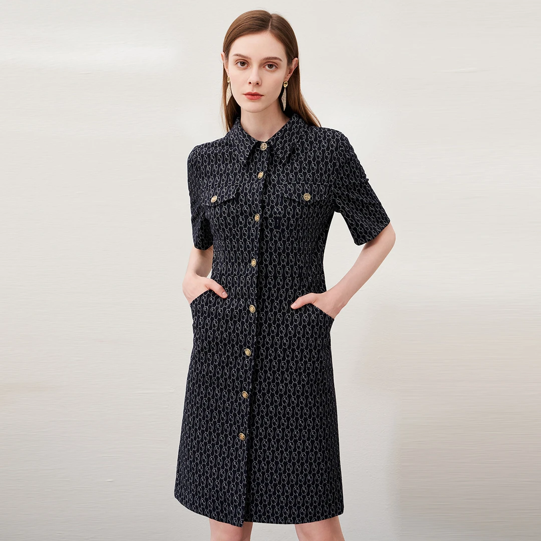 EITIE爱特爱夏季女装铜扣休闲法式黑色优雅碎花连衣裙B2307124