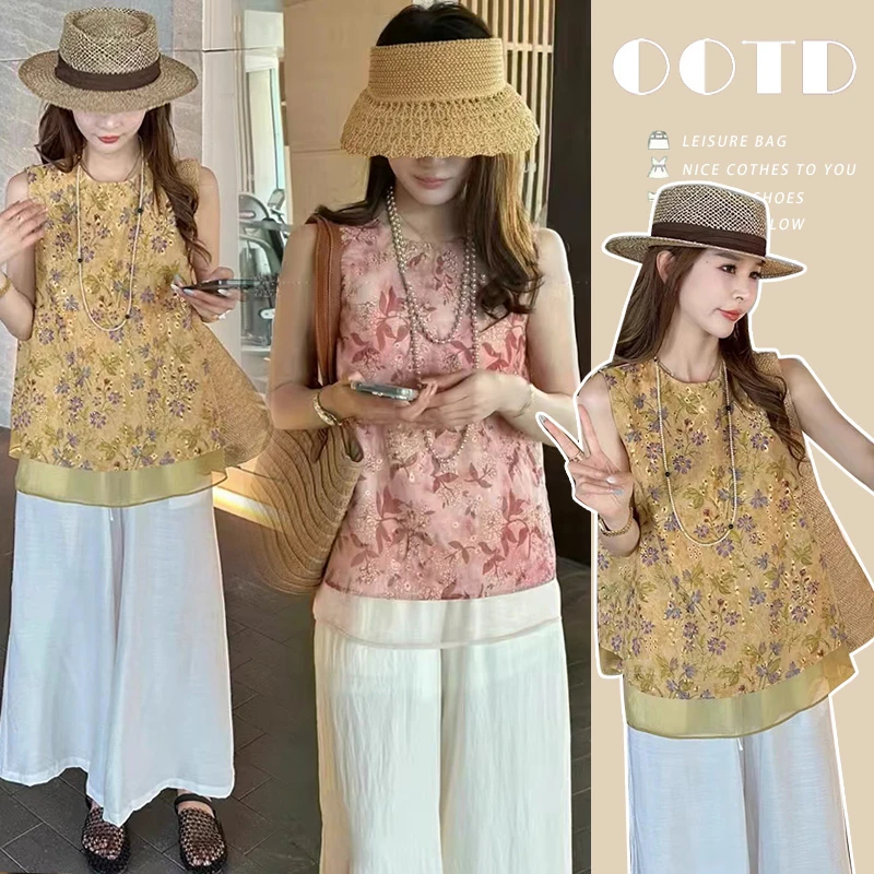 夏季孕妇套装女新中式国风印花镂空显瘦上衣宽松抽绳猪鼻扣阔腿裤