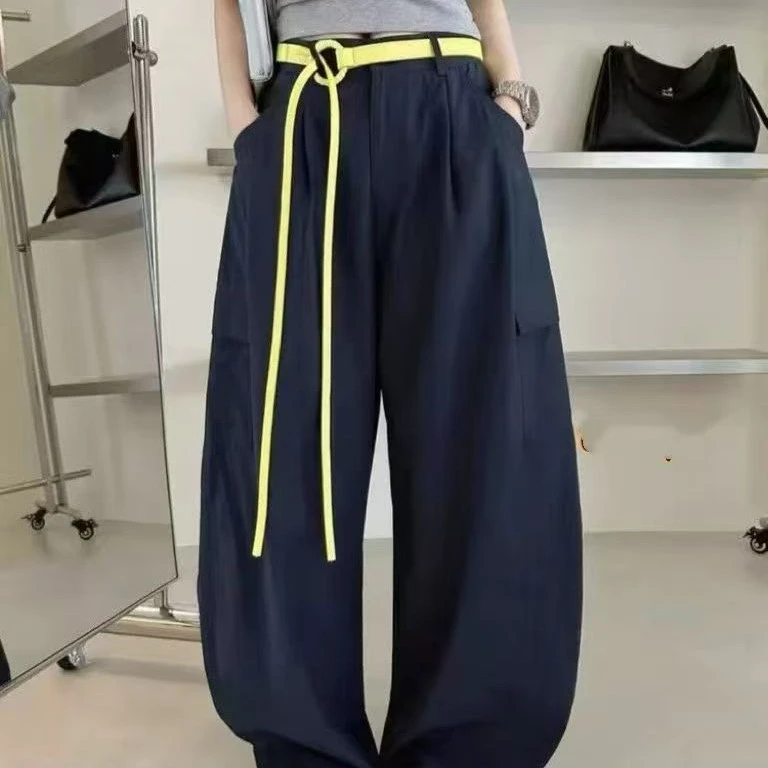 【鞋爱】8918早秋新款时尚百搭大口袋宽松弯刀腰带阔腿女工装裤
