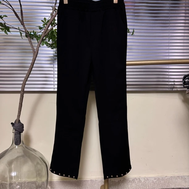 凡凡家* 大码胖mm新款重工钉珠巨显瘦钉珠裤脚黑色烟管裤铅笔裤