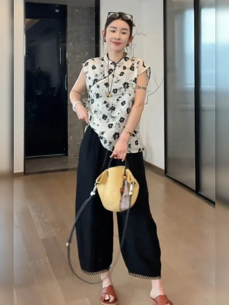 新中式超好看独特法式气质碎花衬衫黑色阔腿裤套装女夏2025新款潮