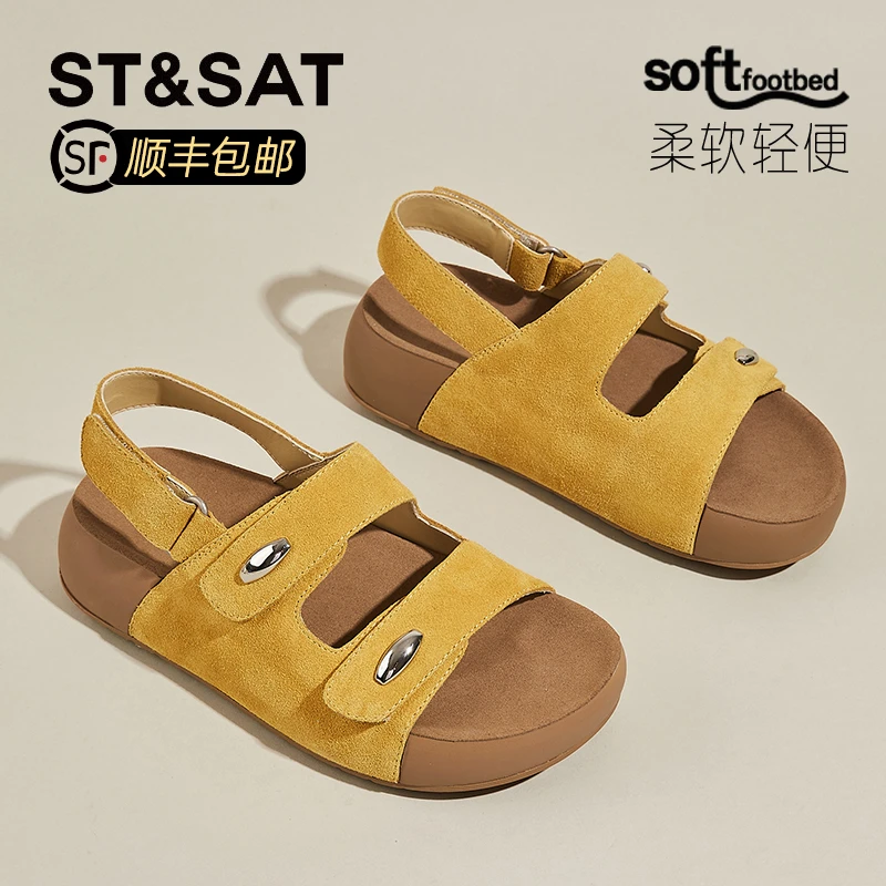 星期六真皮厚底罗马凉鞋女2025夏季新款松糕魔术贴露趾勃肯凉鞋女