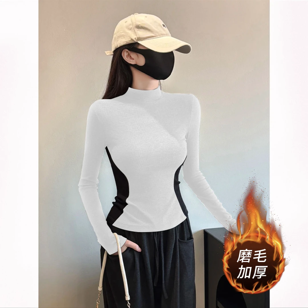 加厚拼色打底衫秋冬新半高领长袖百搭洋气纯欲修身显瘦上衣LZP