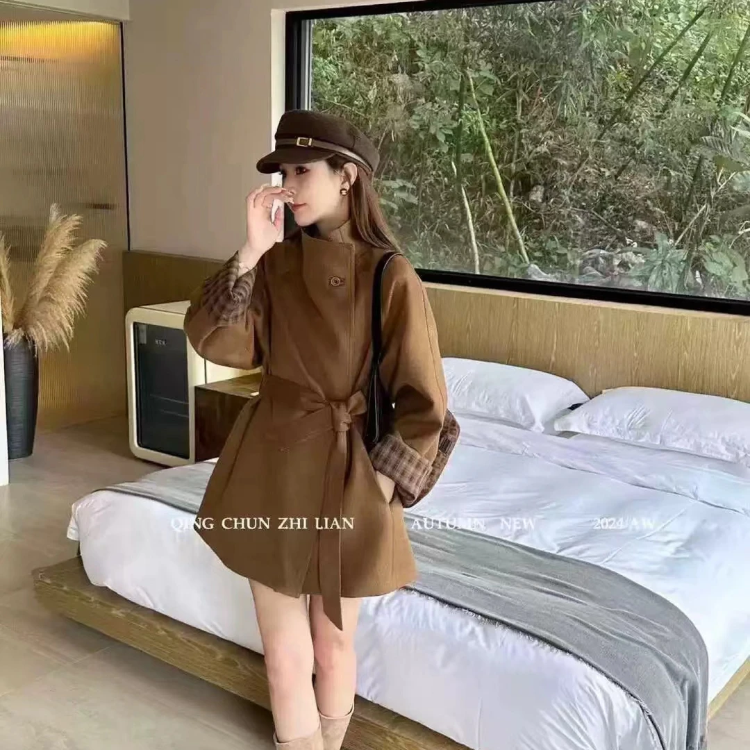 241031撞色韩版腰带中长款大衣
