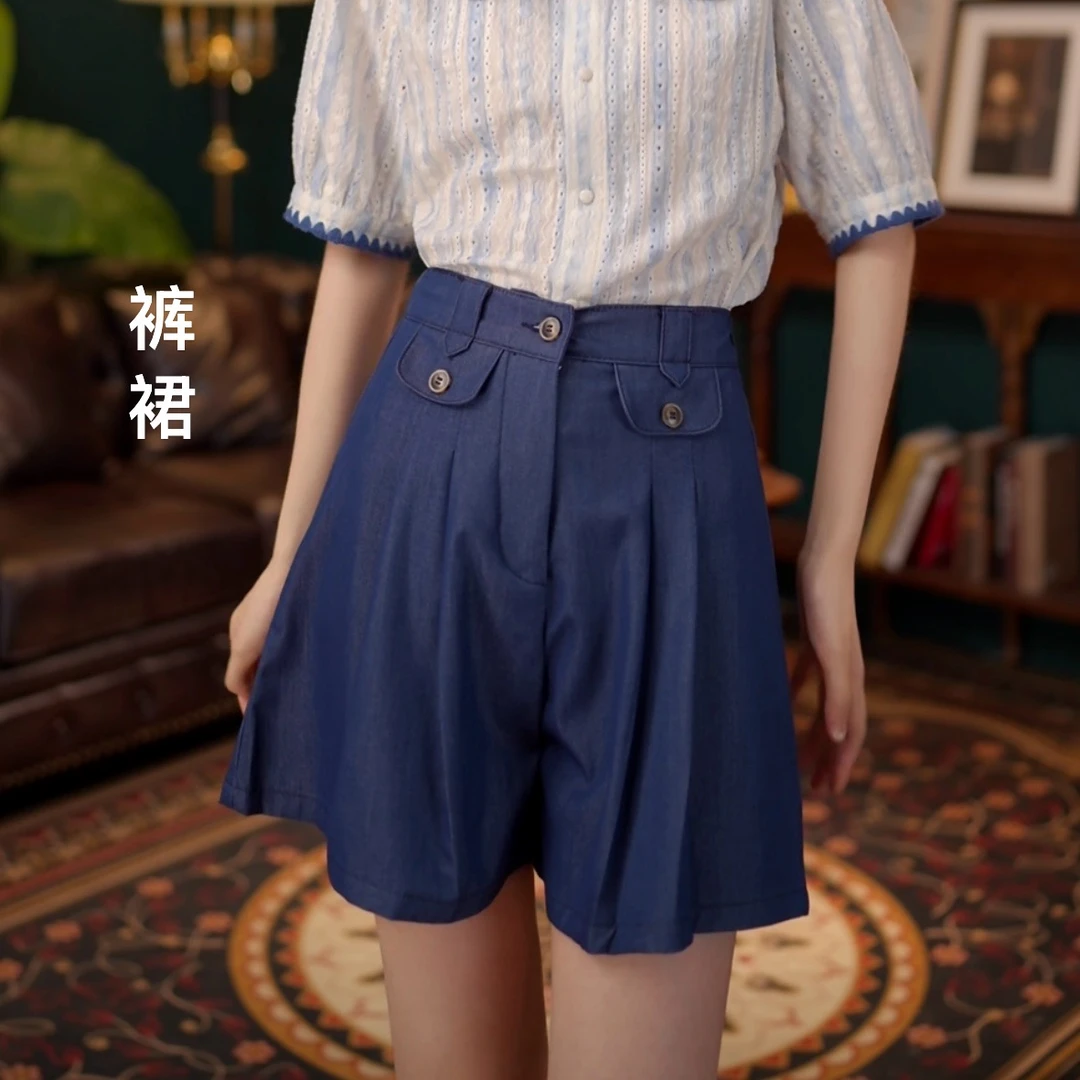 琦琦【蓝调伏线】港风复古高腰短裤裙女显瘦百搭YF0624321