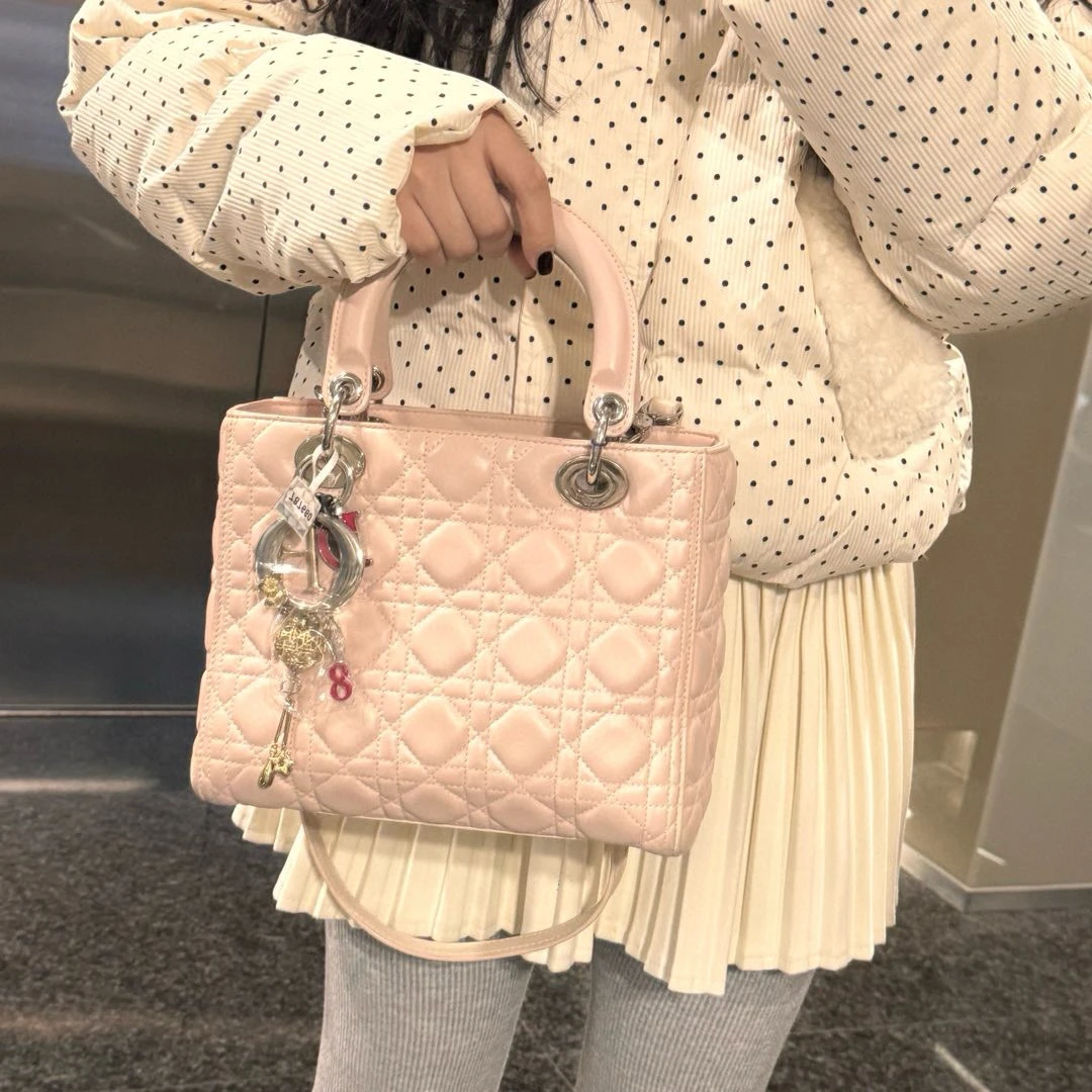 95新 DIOR/迪奥 dior粉色五格圣诞款戴妃手提斜挎包