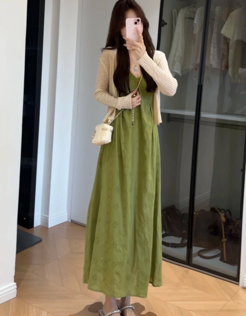 法式镂空复古夏季吊带V领气质长裙 已加蓝色 8032#