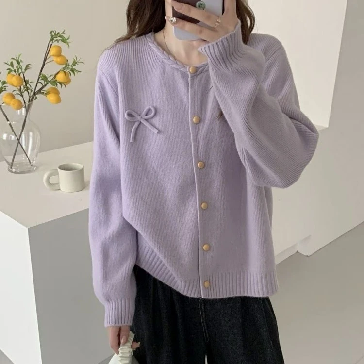 大码小香风蝴蝶结针织毛衣女春秋慵懒短款设计感秋季开衫外套上衣