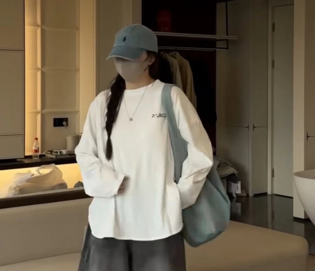 韩系圆领刺绣宽松印花上衣长袖慵懒风T恤时尚百搭打底衫休闲潮流