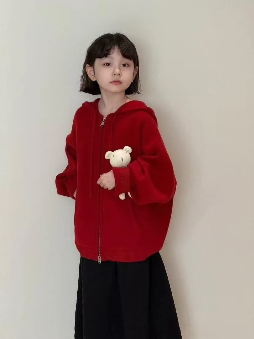 《丁丁优选》280026冬款洋气男女孩红色连帽拉链针织衫儿童毛衣