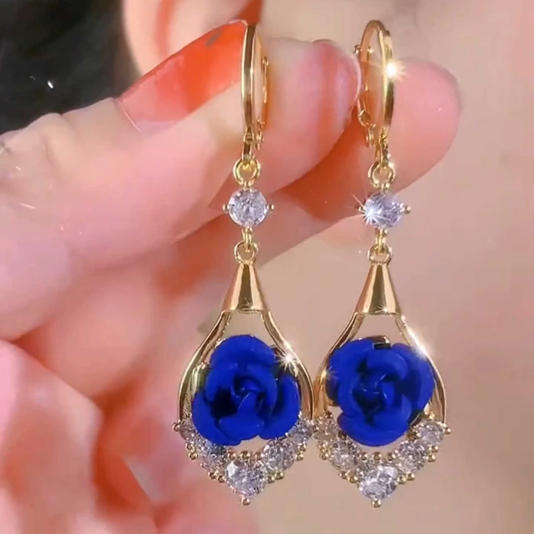 铜合金耳饰 2025新款爆款轻奢蓝色玫瑰气质百搭耳环小众设计感