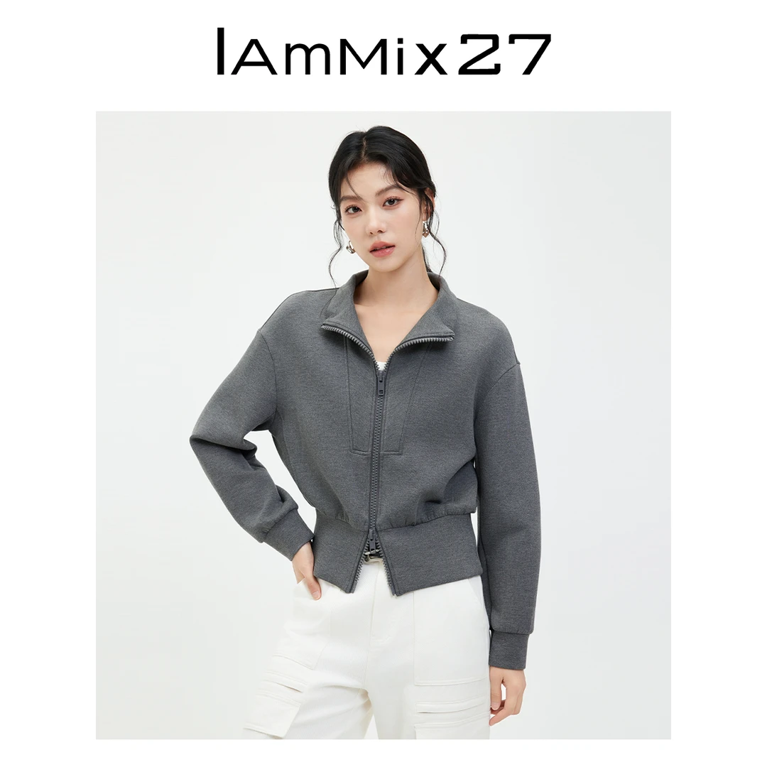 Iammix27双拉链短外套宽松显瘦纯色百搭针织立领卫衣开衫M4C3371