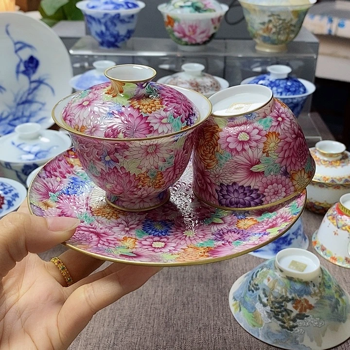 半***空全品山月闲高温超薄胎珐琅瓷万菊套组