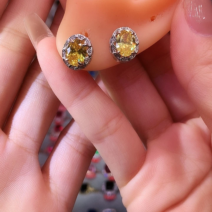 黄晶耳饰银S925镶嵌耳钉