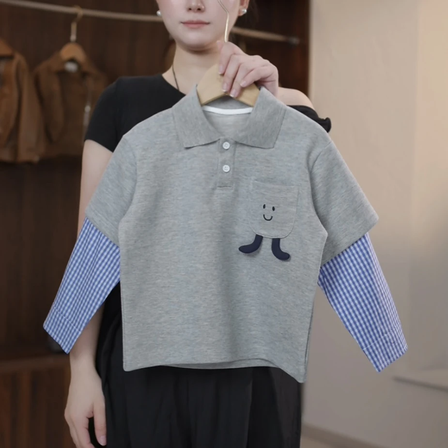 【鸭梨童品】韩版男童笑脸衬衫儿童POLO衫yL10926假两件