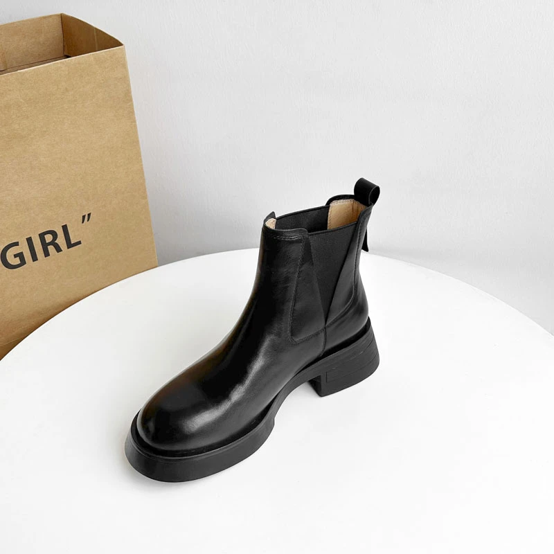 【现货5551】5cm牛皮短靴女冬百搭真皮圆头粗跟短筒女靴厚底增高
