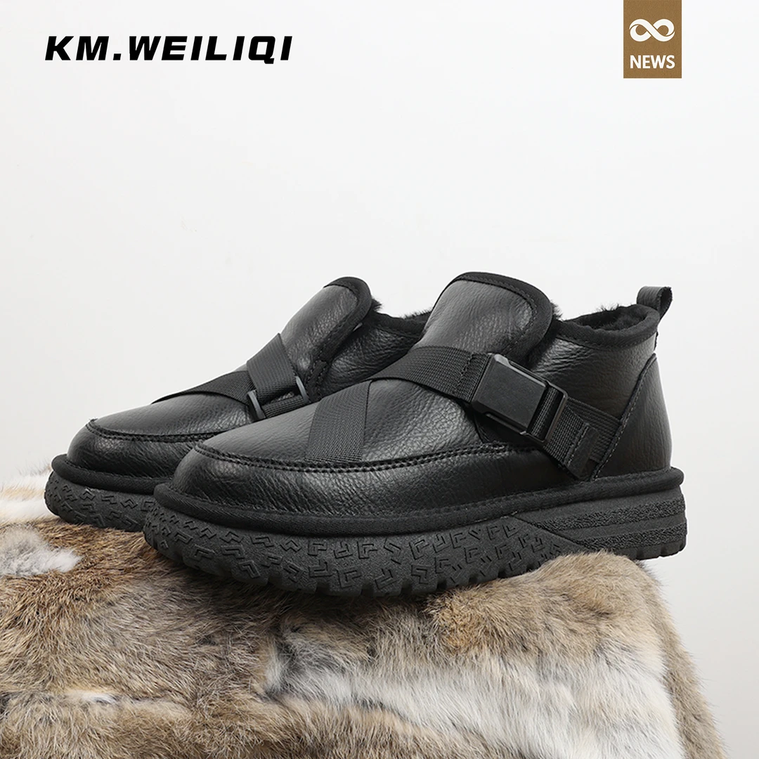 2025新款冬季保暖男鞋羊毛雪地靴男防水防滑加绒加厚一脚蹬棉鞋男