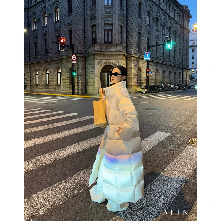阿琳ALIN【雪鸢】冬新国标桑蚕丝90白鸭绒过膝长款羽绒服女AL5PYR12