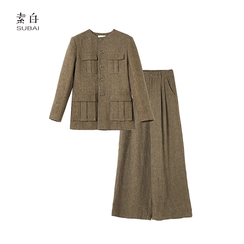 SB2407TZ00061【素白】马乖亚麻时尚套装